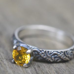 Yellow Sapphire Engagement Ring, 5mm Round Lab Created Stone, 925 Sterling, Gothic Oxidised Silver Baroque Scroll Pattern Band | Natural genuine Array rings, simple unique alternative gemstone engagement rings. #rings #jewelry #bridal #wedding #jewelryaccessories #engagementrings #weddingideas #affiliate #ad