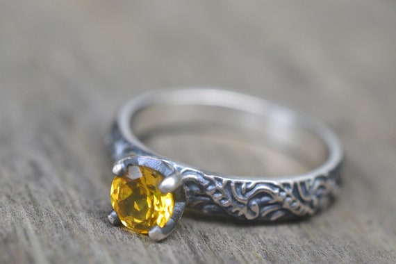 Yellow Sapphire Engagement Ring, 5mm Round Lab Created Stone, 925 Sterling, Gothic Oxidised Silver Baroque Scroll Pattern Band