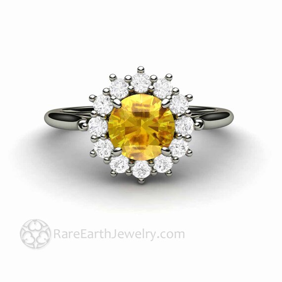 Yellow Sapphire Engagement Ring, Round Yellow Sapphire Ring With Diamonds, Cluster Diamond Halo Design Gold Or Platinum Vintage Inspired
