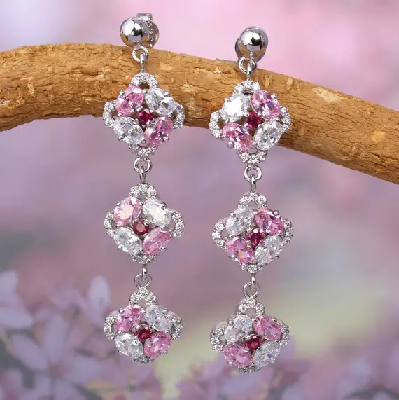 Pink Zircon Long Flower Earrings, Dainty Floral Dangle Earrings, Multi Stone Silver Earrings, Bridal Earrings, Wedding Jewelry, Prom Jewelry