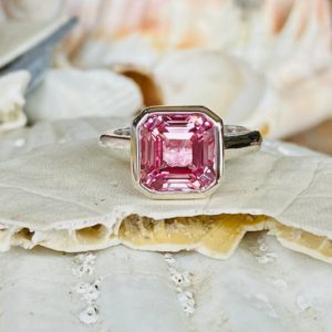 14k Padparadscha Sapphire Ring, Asscher Cut Sapphire Ring, 2.00ct Pink Sapphire Ring, Sapphire Bezel Ring, Padparadscha Sapphire Ring, | Natural genuine Pink Sapphire rings, simple unique handcrafted gemstone rings. #rings #jewelry #shopping #gift #handmade #fashion #style #affiliate #ad