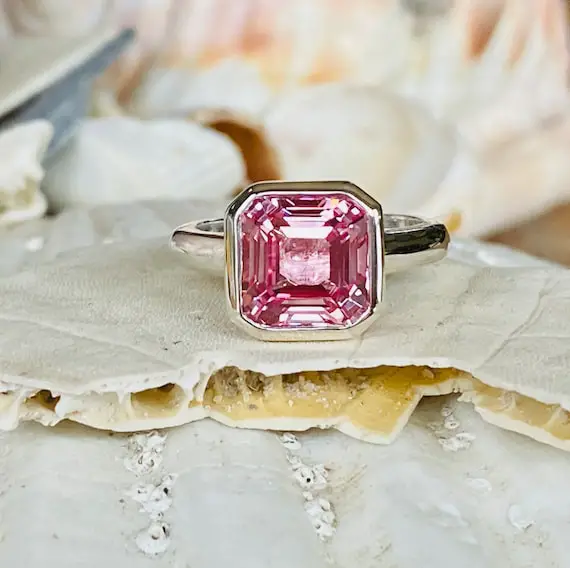 14k Padparadscha Sapphire Ring, Asscher Cut Sapphire Ring, 2.00ct Pink Sapphire Ring, Sapphire Bezel Ring, Padparadscha Sapphire Ring,