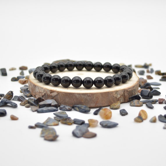 Black Agate Semi-precious Gemstone Round Beads Sample Strand / Bracelet - 8mm, 7.5"
