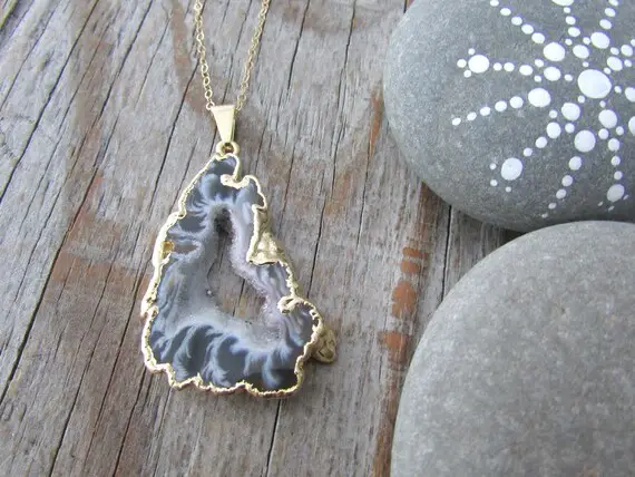 Agate Slice Necklace, Slab Of Agate With Gold Edges And Gold Chain, Geode Slice