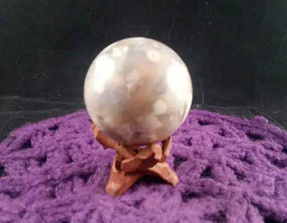 Flower Agate Sphere Polished Healing Stones 54mm Crystal Ball Carving Madagascar With Wood Stand