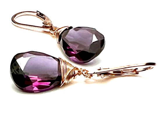 Color Change Alexandrite Earrings 14k Rose Gold Filled  June Birthstone , Wire Wrapped