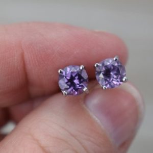 Shop Alexandrite Earrings! Alexandrite Stud Earrings – Sterling Silver – Round Faceted Gemstone Studs – Choice of Size | Natural genuine Alexandrite earrings. Buy crystal jewelry, handmade handcrafted artisan jewelry for women.  Unique handmade gift ideas. #jewelry #beadedearrings #beadedjewelry #gift #shopping #handmadejewelry #fashion #style #product #earrings #affiliate #ad