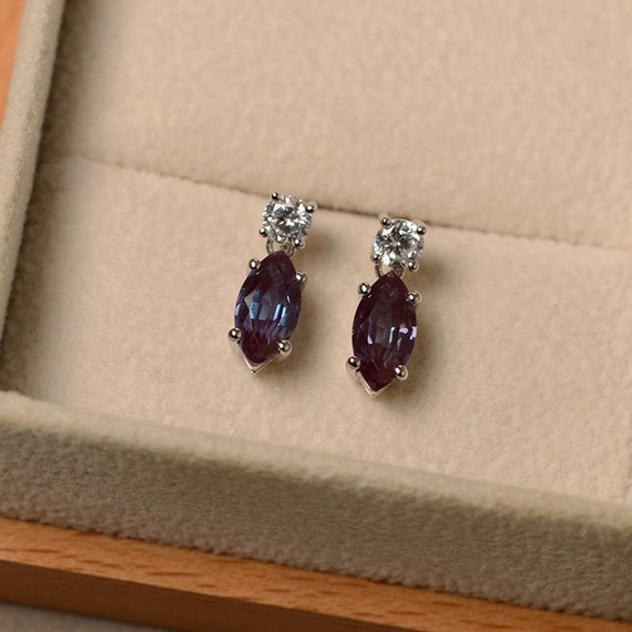 Vintage Alexandrite Dangle Earrings, Sterling Silver Engagement Earrings, June Birthstone, Valentine Day Gifts