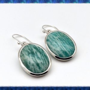 Shop Amazonite Earrings! Amazonite Silver Earrings – Sterling Silver – Simple Oval Setting – Green Amazon Stone Earrings | Natural genuine Amazonite earrings. Buy crystal jewelry, handmade handcrafted artisan jewelry for women.  Unique handmade gift ideas. #jewelry #beadedearrings #beadedjewelry #gift #shopping #handmadejewelry #fashion #style #product #earrings #affiliate #ad