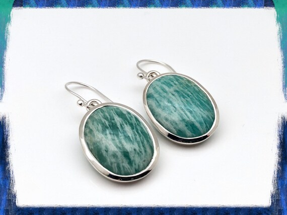 Amazonite Silver Earrings - Sterling Silver - Simple Oval Setting - Green Amazon Stone Earrings