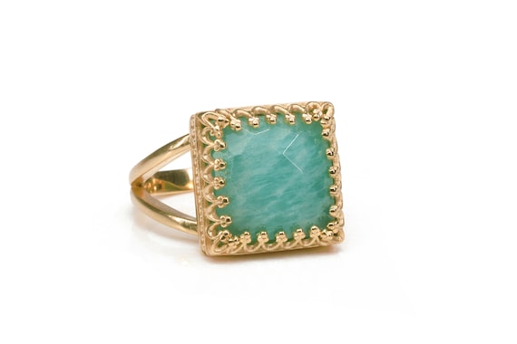 18k Rose Gold Amazonite Square Gemstone Ring · Faceted Rose Gold Ring · Rose Cut Gemstone Ring · Gift For Mom · Gift For Sister Ring