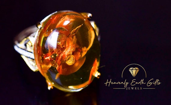 Natural Flower Amber Ring 925 Sterling Silver Adjustable Size