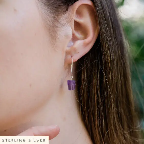 Purple Amethyst Raw Crystal Hoop Earrings In Gold, Silver, Bronze, Or Rose Gold - Natural Crystal February Birthstone Hoops