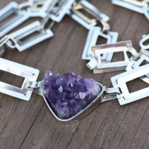Shop Amethyst Necklaces! Natural Rough Amethyst and Rectangular Link Necklace Sterling Silver , February Birthstone , 6th and 33rd Anniversary , Geometric  OOAK | Natural genuine Amethyst necklaces. Buy crystal jewelry, handmade handcrafted artisan jewelry for women.  Unique handmade gift ideas. #jewelry #beadednecklaces #beadedjewelry #gift #shopping #handmadejewelry #fashion #style #product #necklaces #affiliate #ad