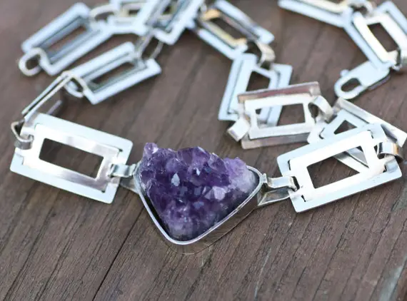 Natural Rough Amethyst And Rectangular Link Necklace Sterling Silver , February Birthstone , 6th And 33rd Anniversary , Geometric  Ooak