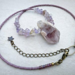Rough Amethyst Crystal Necklace, raw purple gemstone point necklace, beaded Bohemian February birthstone jewelry | Natural genuine Array jewelry. Buy crystal jewelry, handmade handcrafted artisan jewelry for women.  Unique handmade gift ideas. #jewelry #beadedjewelry #beadedjewelry #gift #shopping #handmadejewelry #fashion #style #product #jewelry #affiliate #ad