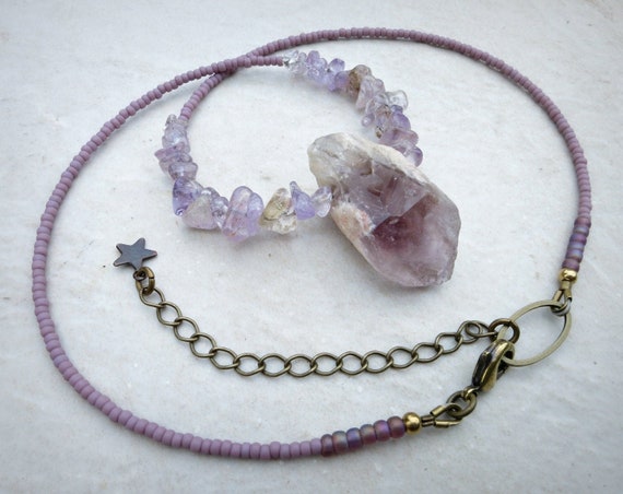 Rough Amethyst Crystal Necklace, Raw Purple Gemstone Point Necklace, Beaded Bohemian February Birthstone Jewelry