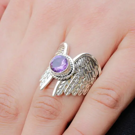 Amethyst Ring, Angel Wings Rings, Memorial Ring, Loss Of Loved One, Gemstone Ring With Engraving Option, Healing Stone, 925 Sterling Silver