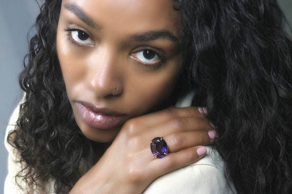 Purple Amethyst Ring · 14k Oval Cut Ring · Amethyst Jewelry · February Birthstone Ring · Wide Gem Ring · Purple Ring For Mom