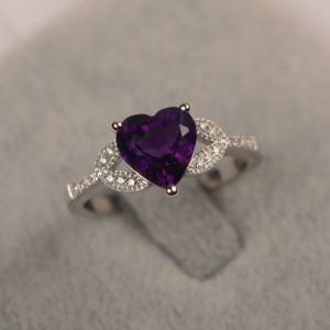 Purple amethyst ring hear cut February birthstone ring sterling silver engagement ring for women | Natural genuine Array jewelry. Buy handcrafted artisan wedding jewelry.  Unique handmade bridal jewelry gift ideas. #jewelry #beadedjewelry #gift #crystaljewelry #shopping #handmadejewelry #wedding #bridal #jewelry #affiliate #ad