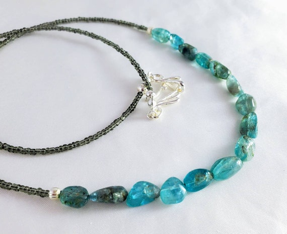 Dainty, Minimalist Handmade Apatite Necklace. Sky-blue Crystal Gemstone Jewelry For The Casual Everyday. Long, Layering Necklace