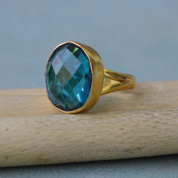 Oval Rose Cut Neon Blue Apatite Quartz Gemstone Ring, Sterling Silver Yellow Plated, Rose Gold Plated Gold Ring, Apatite Quartz Gift Ring