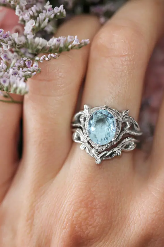 Aquamarine Bridal Ring Set, White Gold Engagement Ring, Art Nouveau Ring, Stacking Ring Set, Aquamarine Engagement Ring, Unique Ring