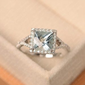 Aquamarine engagement ring, checkerboard cut ring, engagement promise anniversary ring gift | Natural genuine Array rings, simple unique alternative gemstone engagement rings. #rings #jewelry #bridal #wedding #jewelryaccessories #engagementrings #weddingideas #affiliate #ad