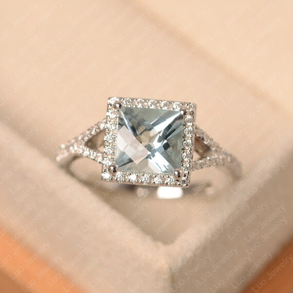 Aquamarine Engagement Ring, Checkerboard Cut Ring, Engagement Promise Anniversary Ring Gift