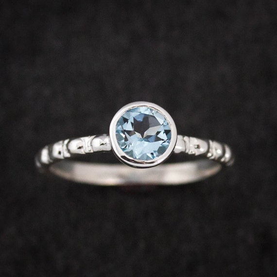Round Aquamarine Ring, Ocean Blue Gemstone Ring, March Birthstone Ring, Handmade Engagement Rings From New England