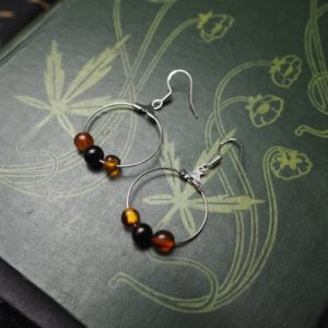 Shop Jet Earrings! Baltic Amber & Jet Hoop Earrings – Witchcraft –  Pagan, Wiccan, Pentacle, Lignite Jet, Sterling silver | Natural genuine Jet earrings. Buy crystal jewelry, handmade handcrafted artisan jewelry for women.  Unique handmade gift ideas. #jewelry #beadedearrings #beadedjewelry #gift #shopping #handmadejewelry #fashion #style #product #earrings #affiliate #ad