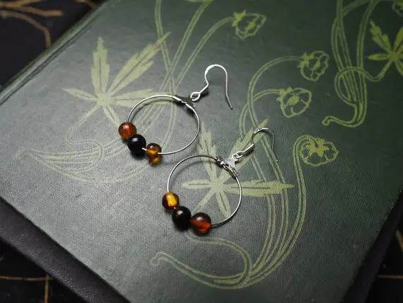 Baltic Amber & Jet Hoop Earrings - Witchcraft -  Pagan, Wiccan, Pentacle, Lignite Jet, Sterling Silver