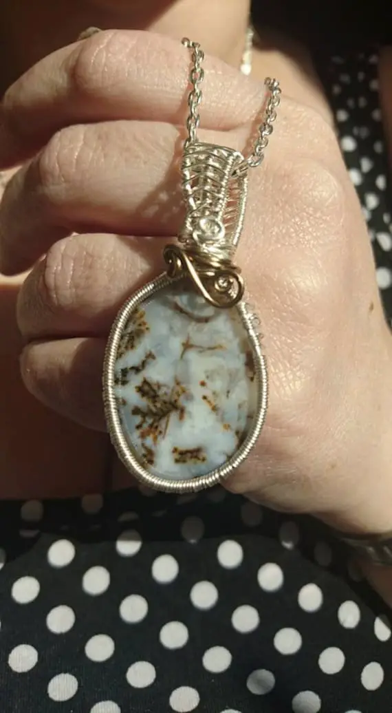 Beautifully Wire Wrapped White Dendritic Agate Necklace
