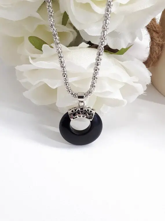 Black Tourmaline Pendant, Round Pendant Necklace, Black Jewelry Set, Tourmaline And Silver Necklace Gift For Her, Emf Protection Necklace