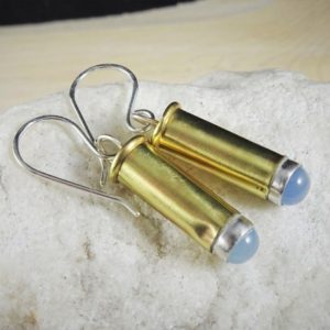 Shop Blue Chalcedony Earrings! Brass Shell Earrings | Blue Chalcedony Dangle Earrings | 22 Shell Casing Jewelry | Recycled Jewelry | Steampunk Earrings for Men Man Women | Natural genuine Blue Chalcedony earrings. Buy handcrafted artisan men's jewelry, gifts for men.  Unique handmade mens fashion accessories. #jewelry #beadedearrings #beadedjewelry #shopping #gift #handmadejewelry #earrings #affiliate #ad