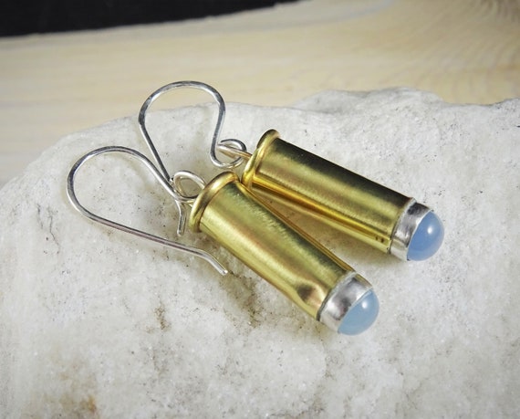 Brass Shell Earrings | Blue Chalcedony Dangle Earrings | 22 Shell Casing Jewelry | Recycled Jewelry | Steampunk Earrings For Men Man Women