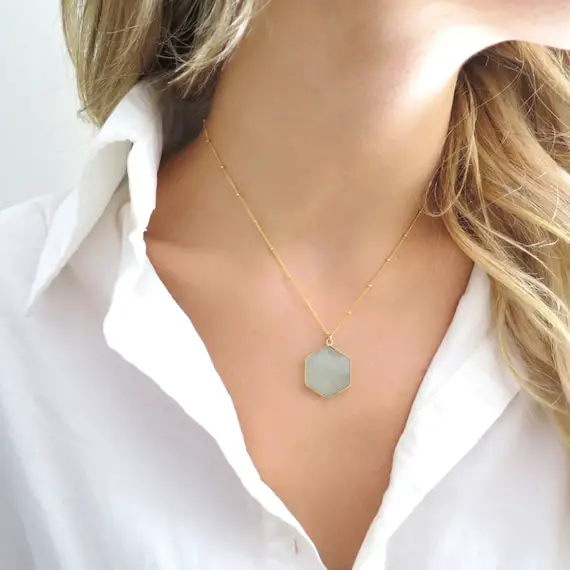 Blue Chalcedony Necklace, Gold Hexagon Necklace, Blue Gemstone Necklace, Chalcedony Pendant, Mint Blue Necklace, Mint Pendant