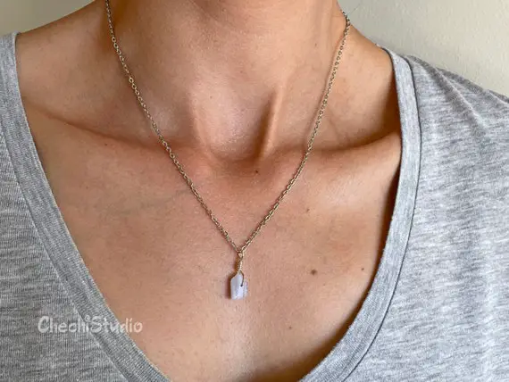 Blue Chalcedony Necklace, Wire Wrap Necklace, Healing Crystal Necklace, Gemstone Chakra Necklace, Dainty Gold-silver Layered Necklace