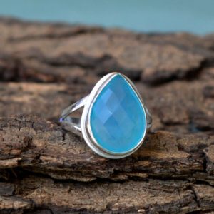 Shop Blue Chalcedony Rings! Natural Aqua Blue Chalcedony Gemstone Ring, Bezel Ring, 925 Sterling Silver Ring, Pear Ring, Bezel Ring, Artisan Gift Ring, Birthstone Ring | Natural genuine Blue Chalcedony rings, simple unique handcrafted gemstone rings. #rings #jewelry #shopping #gift #handmade #fashion #style #affiliate #ad