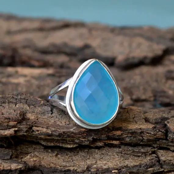Natural Aqua Blue Chalcedony Gemstone Ring, Bezel Ring, 925 Sterling Silver Ring, Pear Ring, Bezel Ring, Artisan Gift Ring, Birthstone Ring