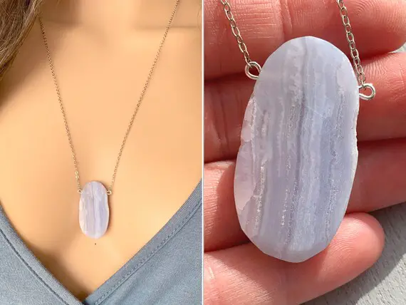 Ooak Blue Lace Agate Necklace, Genuine Blue Lace Agate Crystal, Sterling Silver Blue Lace Agate Pendant, Anxiety Stress Relief, Exact Stone