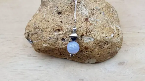 Small Blue Lace Agate Pendant Necklace. Minimalist Reiki Jewelry Uk. Pisces Jewelry. Bali Silver Sphere Necklace.