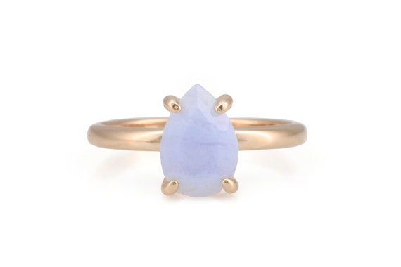 18k Solid Rose Gold Ring · Blue Lace Agate Ring · Agate Pear Ring For Women · Semiprecious Ring Gold Vermeil