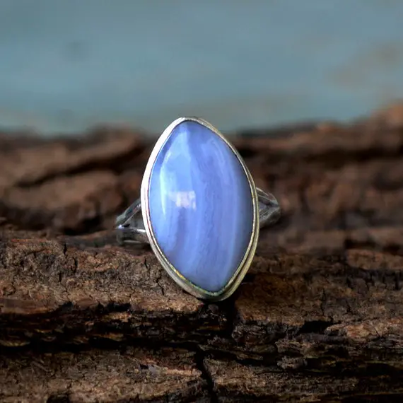 Blue Lace Agate Ring, 925 Silver, Marquise Shape Gemstone, Natural Marquise Blue Agate, Simple Gemstone Ring, Gemstone Jewelry, Gift For Her