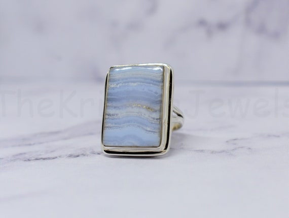 Blue Lace Agate Ring, 925 Sterling Silver Ring, Cushion Gemstone Ring, Cabochon Gemstone, Handmade Ring, Statement Ring, Split Band Ring