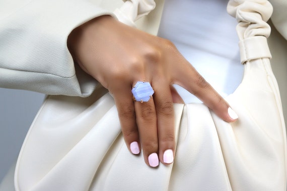 Blue Lace Agate Ring  · Pink Gold Gemstone Ring · Hexagon Ring · Engagement Ring · Statement Ring For Women