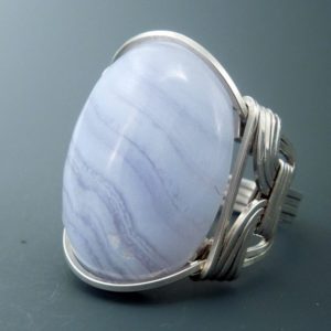 Shop Blue Lace Agate Rings! Handcrafted Sterling Silver Large Blue Lace Agate Cabochon Wire Wrapped Ring | Natural genuine Blue Lace Agate rings, simple unique handcrafted gemstone rings. #rings #jewelry #shopping #gift #handmade #fashion #style #affiliate #ad