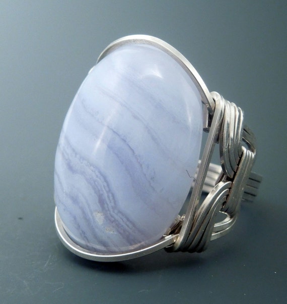 Handcrafted Sterling Silver Large Blue Lace Agate Cabochon Wire Wrapped Ring