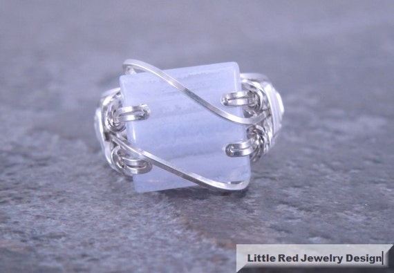 Blue Lace Agate Sterling Silver Wire Ring