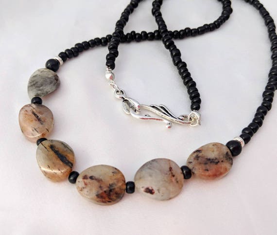 Boldly Translucent Red & Black Dendritic Agate Necklace. Long, Layering. Handmade Jewelry W. Tourmaline Included Gemstones.